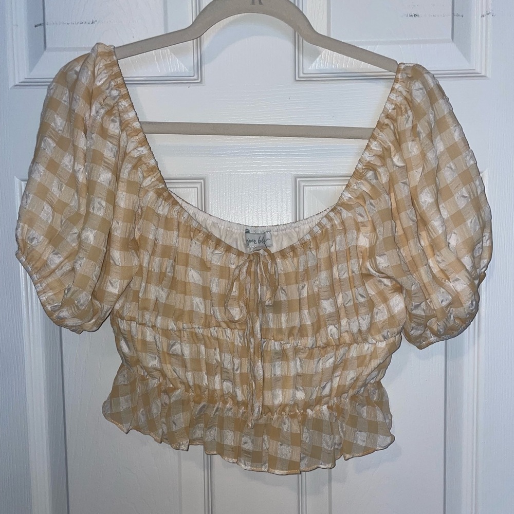 NWT South Moon Under Jupiter Blu Gingham Tan and White Top Size Small